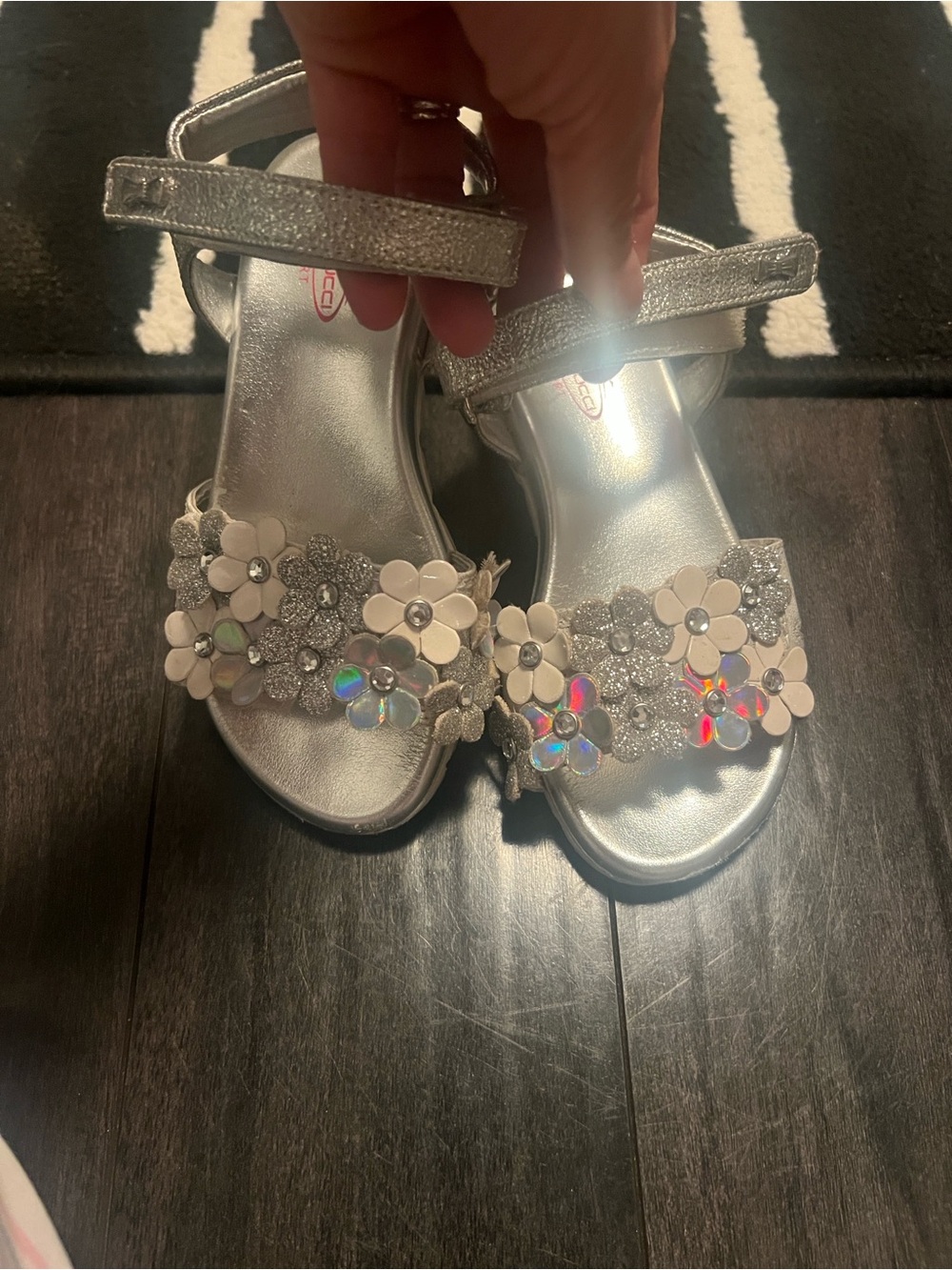 Girls Silver Floral Dress Sandals with Sparkle Embellishments